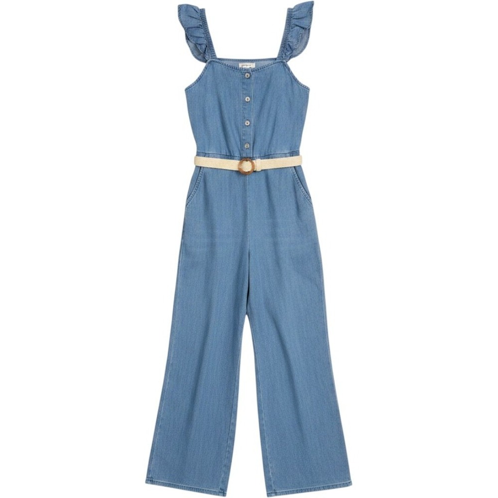 Paisley Lane Girls Chambray Jumpsuit Size 10 NWT Ruffle Straw Belt Wide Leg